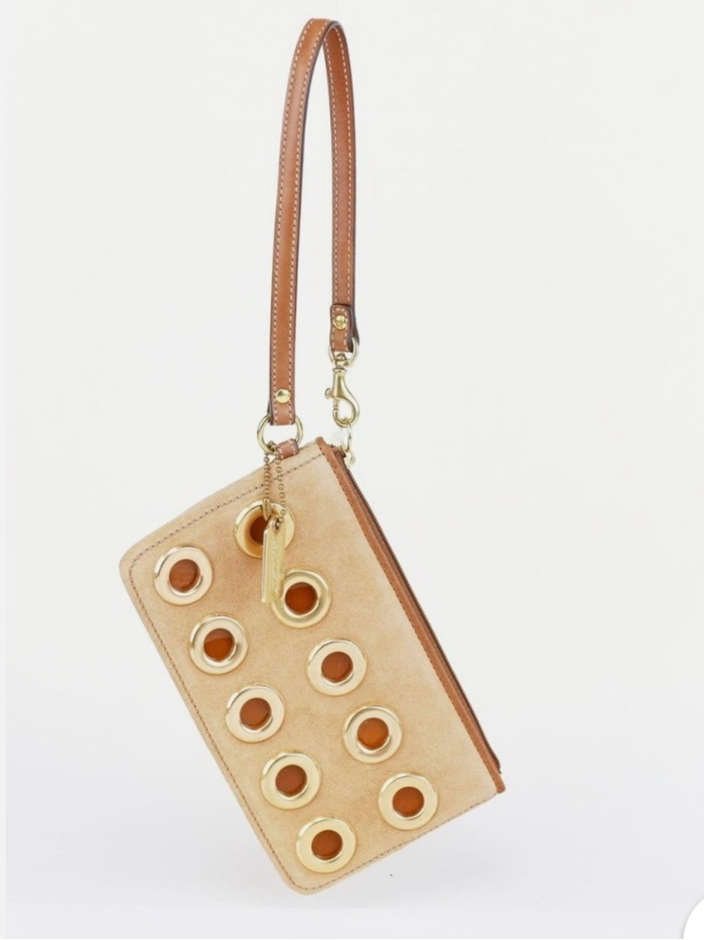 NWT Coach Suede Eyelet Large Phone Wristlet Pouch CAMEL